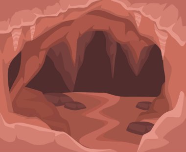 Mağaranın içindeki sahne. Doğal manzara ve peyzaj. Dikitli turuncu karanlık mağara. Topraklı, taşlı, mineralli ve taşlı maden. Gizemli bir manzara. Düz vektör illüstrasyonu