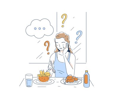 Kadınlar seçim yapar. Genç bir kız yemek arasından seçim yapar. İnsan düşünür ve şüphe eder. İkilem ve soru. Karar veriyorum. Beyaz arkaplanda izole edilmiş doğrusal vektör çizimi