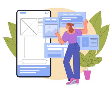 Telefonda program oluşturuluyor. Akıllı telefonun yanındaki kadın. UI ve UX tasarım elemanlarına sahip grafik tasarımcısı. Programcı ve bilişim uzmanı. Düz vektör çizimi beyaz arkaplanda izole edildi