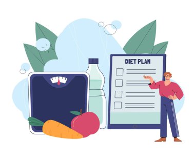Diyet planı olan bir adam. Yanında su, havuç ve elma şişesi olan genç adam. Sağlıklı ve sportif bir yaşam tarzı. Düzgün beslenme ve beslenme. Düz vektör çizimi beyaz arkaplanda izole edildi
