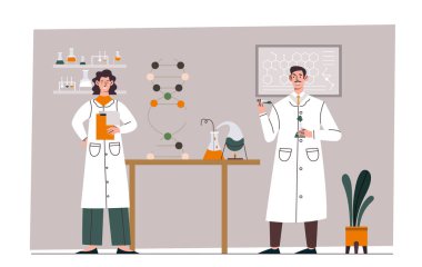 Doktorlar DNA üzerinde çalışırlar. Masanın yanında tıbbi üniformalı bir kadın ve erkek kimyasal reaksiyonlarla dolu bir matara. Laboratuvarda bilimsel biyokimyasal araştırma. Düz vektör çizimi beyaz arkaplanda izole edildi