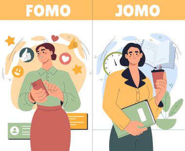 Fomo, Jomo kadına karşı. Kaçırma korkusu, kaçırmanın hazzına karşı. Farklı psikolojileri olan insanlar. Okuma ya da sosyal ağlar. Düz vektör çizimi beyaz arkaplanda izole edildi