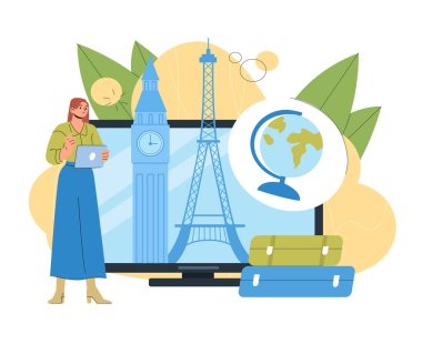 Yolculuğa hazırlanan kadın. Bilgisayarın yanında Eyfel kulesi ve büyük yasağı olan genç bir kız. Bagajlı bir gezgin ve turist. Uçuş ve gezi. Düz vektör çizimi beyaz arkaplanda izole edildi