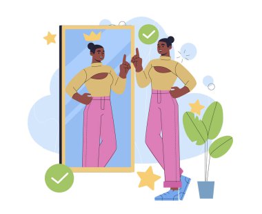 Kendine saygısı yüksek bir kadın. Genç kız aynadaki yansımasına bakıyor. Olumlu ve iyimser. Kendine güveni ve sevgisi olan biri. Düz vektör çizimi beyaz arkaplanda izole edildi