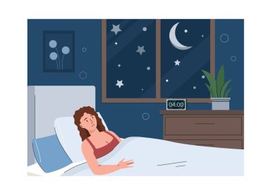 Uykusuzluk çeken bir kadın. Genç kız gece yatağında yatıyor ve uyuyamıyor. Zihinsel ve psikolojik sorunlar. Başı ağrıyan biri. Düz vektör çizimi beyaz arkaplanda izole edildi