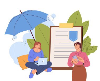 Sigorta belgesi olan insanlar. Finansal işlemler, hayatın ve özel mülkün korunması. Güvenlik ve güvenlik. Anlaşma ve sözleşme. Düz vektör çizimi beyaz arkaplanda izole edildi