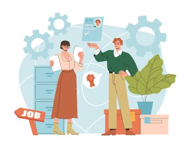 İK müdürü ve iş adayı. Kadın, erkekleri kpi olarak değerlendiriyor. Kelle avcılığı ve adam toplama. Şirket ya da organizasyon için kiralama. İşçi ve işçi. Düz vektör çizimi beyaz arkaplanda izole edildi