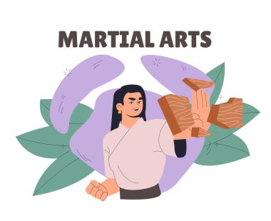 Dövüş sanatları bilen kadın. Genç kız elleriyle tuğla kırıyor. Geleneksel Asya dövüş sanatları ve dövüş sanatları. Karate ve Tekvando. Düz vektör çizimi beyaz arkaplanda izole edildi