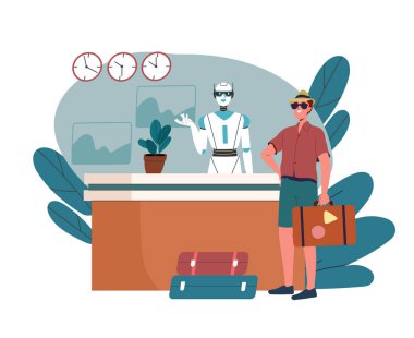 Robot receptionist in hotel. Artificial intelligence and machine learning. AI service in hostel. Travel and tourism, holiday and vacation. Flat vector illustration isolated on white background clipart