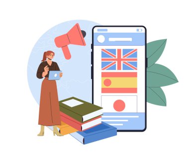 Çevrimiçi dil öğrenme. Kitapların yanında tableti olan kadın ve farklı dillerde konuşan akıllı telefon ekranı. Eğitim ve eğitim. Düz vektör çizimi beyaz arkaplanda izole edildi