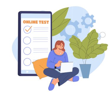 Online testi olan bir kadın. Genç kız büyük akıllı telefonun yanında oturuyor ve soruları cevaplıyor. Uzaktan eğitim ve eğitim. Okulda ya da üniversitede sınav ya da sınav. Düz vektör illüstrasyonu