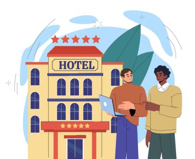 İnsanlar oteli seçiyor. Beş yıldızlı otelin dışındaki adamlar. Seyahat ve turizm. Tatil ve tatil, kalacak yer ve rezervasyon. Düz vektör çizimi beyaz arkaplanda izole edildi