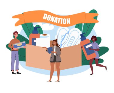 People with donation. Men and women near huge cardboard box with things. Generosity and kindness. Volunteers of charity organization. Flat vector illustration isolated on white background clipart