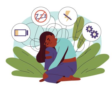 Depresyondaki kadın. Genç kız düşük enerji seviyesinde oturuyor. Zihinsel ve psikolojik sorunlar. Yorgunluk, migren ve baş ağrısı. Düz vektör çizimi beyaz arkaplanda izole edildi