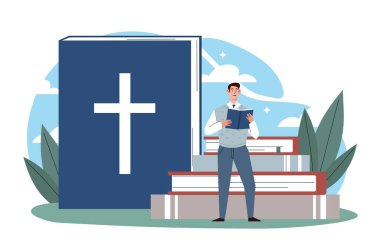 Adam İncil okuyor. Devasa bir dini kitabın yanında genç bir adam. İnanç ve din, inan. Ruhanilik ve Hıristiyanlık. Katoliklik ve Protestanlık. Düz vektör çizimi beyaz arkaplanda izole edildi