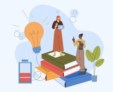 İnsanlar kitap okuyor. Kadınlar ampulün yanındaki kitap yığınının üzerinde durur. Eğitim ve eğitim, iş fikri. Edebiyat aşkı. İzometrik vektör illüstrasyonu beyaz arkaplanda izole edildi