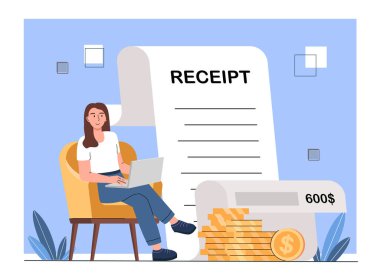Makbuzu olan kadın. Genç kız yüklü bir çek ve bir yığın altın paranın yanında. Gider yönetimi. Bütçe ve muhasebe, finansal okuryazarlık. Düz vektör çizimi beyaz arkaplanda izole edildi