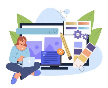 Kadın geliştirme sitesi. Dizüstü bilgisayarı olan genç bir kız web sayfası için ui ve ux tasarımı geliştiriyor. Web sayfası geliştirme ve kullanıcı deneyleri. Düz vektör çizimi beyaz arkaplanda izole edildi