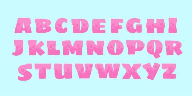 Pembe metin alfabesi. Kaligrafi ve tipografi. İngilizce okulu ve grafiti. Mektuplardaki sakız ve baloncuklar. Eğlenceli ve komik. Düz vektör koleksiyonu mavi arkaplanda izole edildi