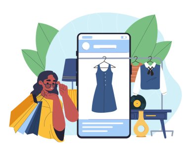 Kadınlar internetten antika eşyalar alır. Akıllı telefon ekranına bakan genç bir kız eski moda kıyafetleri seçiyor. İnternetten alışveriş ve ev teslimatı. Elektronik ticaret ve perakende satış. Düz vektör illüstrasyonu