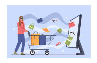 Sanal alışveriş yapan bir kadın. Alışveriş arabasıyla sanal gerçeklik gözlüğü takan genç bir kız. Nakit para transferleri ve işlemler. Düz vektör çizimi beyaz arkaplanda izole edildi