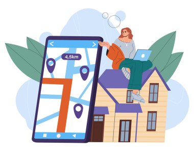 Kadın ev alıyor. Genç kız internetten daire seçiyor. Gayrimenkul ve özel mülk işlemleri. Kulübe ve konak. Düz vektör çizimi beyaz arkaplanda izole edildi