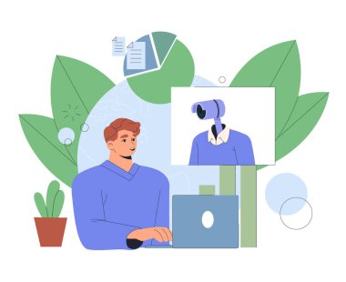 İzlenen iş konsepti. Dizüstü bilgisayarı olan bir adam kamera gözetiminde çalışıyor. Patronu, amiri ve çalışanı olan bir yönetici. İş kalite kontrol. Düz vektör çizimi beyaz arkaplanda izole edildi