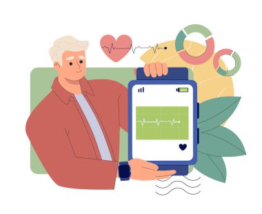 Akıllı saati olan adam. Bilgiye ve bilgilere sahip zeki bir genç. Sağlıklı ve sportif bir yaşam tarzı. Nabız ve kardiyogram. Düz vektör çizimi beyaz arkaplanda izole edildi