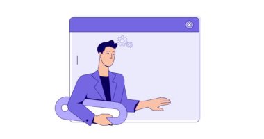 İş etkinliği konsepti. Web sitesi elemanları olan bir adamla afiş taşımak. Çevrimiçi sunumu olan bir iş adamı. Grafikler, çizelgeler, diyagramlar, bilgi grafikleri. Çizgi film düz animasyon grafikleri