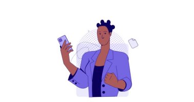 İş etkinliği konsepti. Akıllı telefonlu bir kadınla afiş taşımak. Sohbet ve diyaloglarla iş kadını. İnternetteki iş iletişimi. Çizgi film düz animasyon grafikleri