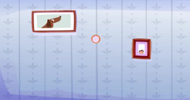 Çerçeveli resim konsepti. Resimli ve çerçeveli resimli hareket eden bir pankart. İç dekoratif elementler. Aile üyelerinin ve köpeklerin fotoğrafları. Çizgi film düz animasyon grafikleri