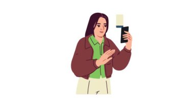 Telefonu kullanan kişi. Akıllı telefonlu bir kadınla afiş taşımak. Genç kız sosyal ağlar üzerinden video ile iletişim kuruyor. Uzaktan iletişim ve etkileşim. Çizgi film düz animasyon grafikleri
