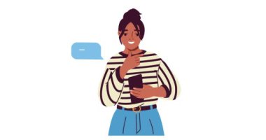 Telefonu kullanan kişi. Akıllı telefonlu bir kadınla afiş taşımak. Sosyal medyada sohbet eden genç bir kız. Kuryelerle uzaktan iletişim ve etkileşim. Çizgi film düz animasyon grafikleri