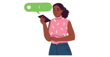 Telefonu kullanan kişi. Akıllı telefonlu bir kadınla afiş taşımak. Genç adam sesli mesajları kaydediyor. Sosyal medyada sesli mesajları ve mesajları olan bir kullanıcı. Çizgi film düz animasyon grafikleri