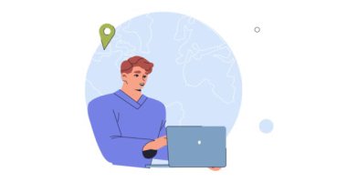 Uzaktan çalışma avantajları. Dizüstü bilgisayarı olan bir adamla afiş taşıyordu. Genç adam video aracılığıyla kadınlarla iletişim kuruyor. Serbest çalışan ve uzaktan çalışan. Online iş. Çizgi film düz animasyon grafikleri