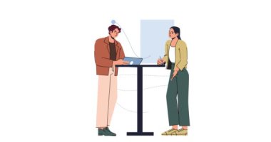 Ofiste sahne. Bayrağı kadın ve erkekle birlikte taşıyor. İş yerindeki iş adamları. Meslektaşlar ve ortaklar projeyi tartışıyor. Takım çalışması ve ortaklık. Çizgi film düz animasyon grafikleri