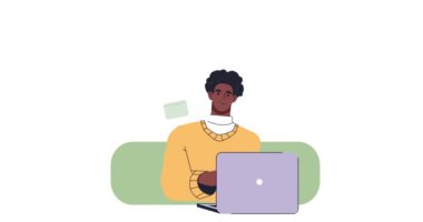 Ofiste sahne. Dizüstü bilgisayarı olan bir adamla afiş taşıyordu. Şirket e-postası olan bir iş adamı. İnternetteki iş iletişimi. Elektronik posta. Çizgi film düz animasyon grafikleri