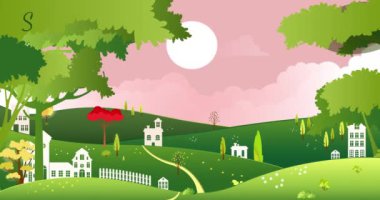 Bahar mevsimi manzarası. Tepeler ve ağaçlarla hareketli afişler. Güzel doğal manzara ve manzara. Kırsal kesimde. Köyün yolu ve yolu. Çizgi film düz animasyon grafikleri