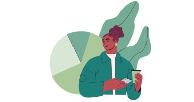 İş hayatı olan bir kadın. İşkadını diyagramın yanında afiş taşıyordu. Analist pazarlama araştırması yapıyor. Verimli çalışma süreci düzenleniyor. Çizgi film düz animasyon grafikleri