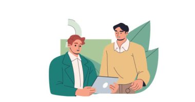 Ticari faaliyetleri olan insanlar. Dizüstü bilgisayarlı adamlarla pankart taşıyordu. İşbirliği ve işbirliği. Ortak proje üzerinde çalışan iş arkadaşları ve ortaklar. Çizgi film düz animasyon grafikleri