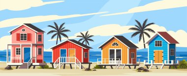 Plaj evleri olan deniz burnu. Okyanus kıyısında yeşil palmiye ağaçları ve ahşap bungalovları olan güzel tropik ada manzarası. Yaz tatili ve deniz kenarında dinlenme. Çizgi film vektör illüstrasyonu