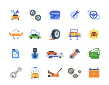 Araba servisi simgeleri ayarlandı. Otomotiv Yedek Parçalı renkli tabelalar, Araç Bileşeni, Motor, Lastik, Batarya. Uygulama için tasarım ögeleri. Düz vektör illüstrasyon koleksiyonu arkaplanda izole