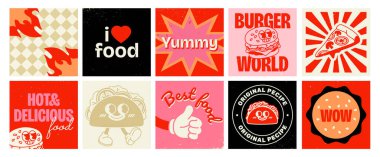 Retro Fast Food posterleri. Burger, Pizza ve Burrito Characters 'lı Vintage Groovy Covers. Kafeler için 70 'lerin stil markalaşma bantları. Düz vektör illüstrasyon koleksiyonu arkaplanda izole