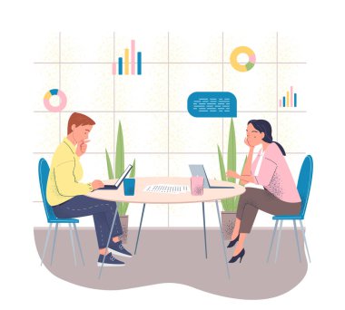 Modern bir ofisteki işbirliği ve veri analizini sembolize eden grafikler, grafikler ve bitkilerle çevrili dizüstü bilgisayarlar üzerinde çalışan iki iş adamının vektör çizimi.