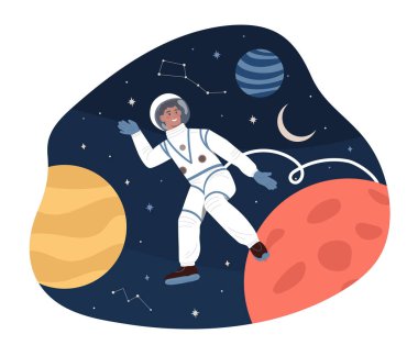 Uzayda bir astronot ya da kozmonot. Gezegenlerin ve yıldızların arka planına karşı uzay giysisi giymiş bir adam. Galaksi ve evren araştırmaları. Çizgi film düz vektör çizimi