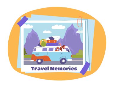 Bir dağ zeminine kurulmuş, bavul dolu bir minibüsün ve mutlu yolcuların yer aldığı bir seyahat fotoğrafının vektör çizimi. Macera kavramı, yolculuklar ve güzel anılar.