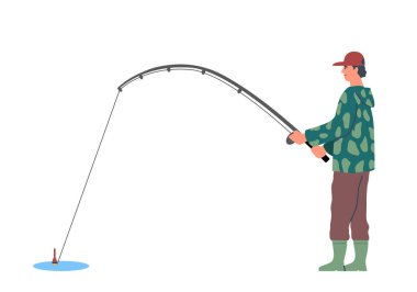 Yağmurluk giymiş balıkçı ve elinde olta kamışı tutan botlar. Açık hava aktivitesi, balık tutma hobisi ve doğa sahnesi konsepti. Düz çizgi film vektör çizimi beyaz arkaplanda izole edildi