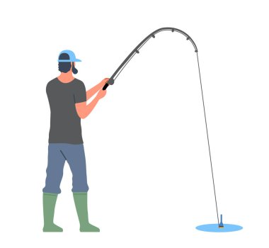 Botları ve şapkası olan balıkçı, suyun kenarında olta kamışı tutuyor. Açık hava hobisi, balık tutma aktivitesi ve sakin doğa sahnesi. Düz çizgi film vektör çizimi beyaz arkaplanda izole edildi