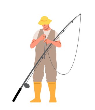 Fisherman in yellow boots and hat preparing a fishing rod. Outdoor activity, fishing hobby, and calm nature setting concept. Flat cartoon vector illustration isolated on white background clipart