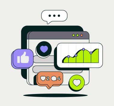 Grafik, bildirim, beğeni ve konuşma baloncukları içeren sosyal medya analizleri, çevrimiçi bağlılık, veri analizi ve dijital etkileşimi sembolize ediyor. Modern vektör illüstrasyonu